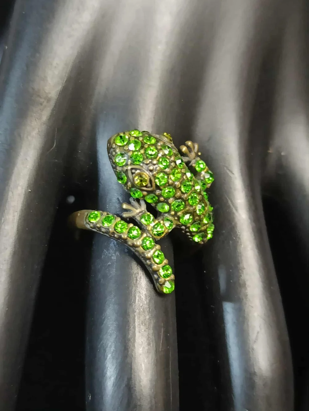 80’s Frog Wrap Ring Green Rhinestone Statement Adjustable Ring Sz.8